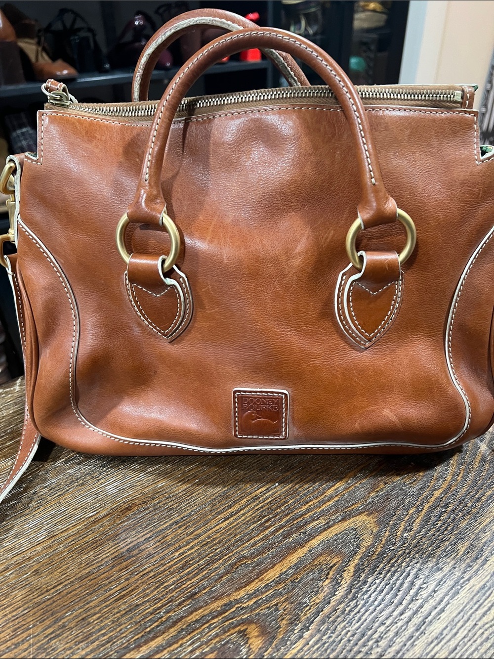 Dooney & Bourke Cognac Brown Leather Satchel with Gold Hardware